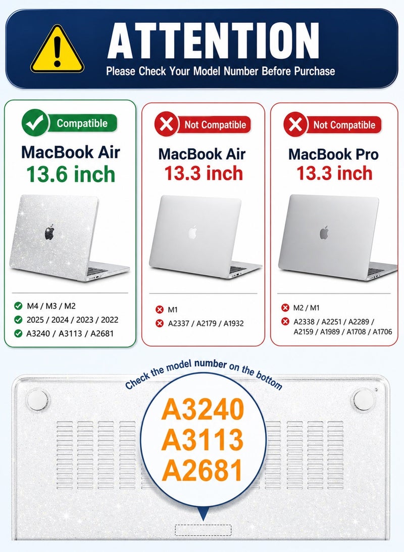 مساحة باردة حافظة MacBook Air مقاس 13 بوصة لجهاز 13.6 بوصة إصدار 2025-2022، متوافقة مع M4 A3240 و M3 A3113 و M2 A2681، غطاء صلب شفاف لامع بتصميم Glitter Sparkly مع غطاء لوحة مفاتيح وواقي شاشة، تصميم شفاف بدون فتحة للشعار - Image 2