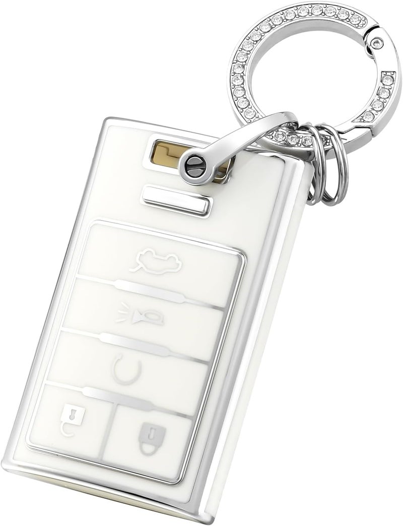 OFFCURVE Key Fob Cover with Keychain for Cadillac, TPU Car Key Case Protector for Cadillac SRX ATS ELR XTS 2010 2011 2012 2013 2014 2015 Keyless Entry Remote Control Start Car Key Accessories, White - Image 1