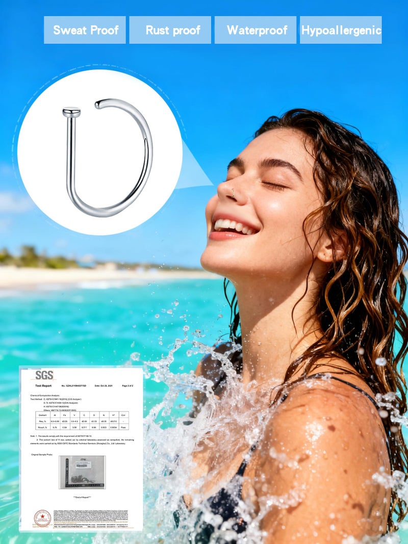 VOJO G23 Titanium 20G Nose Rings Hoops L Shaped Screw Nose Studs Diamond Small Piercing Jewelry for Women Men (D Nose Hoop Silver,20G 8mm+10mm) - Image 3