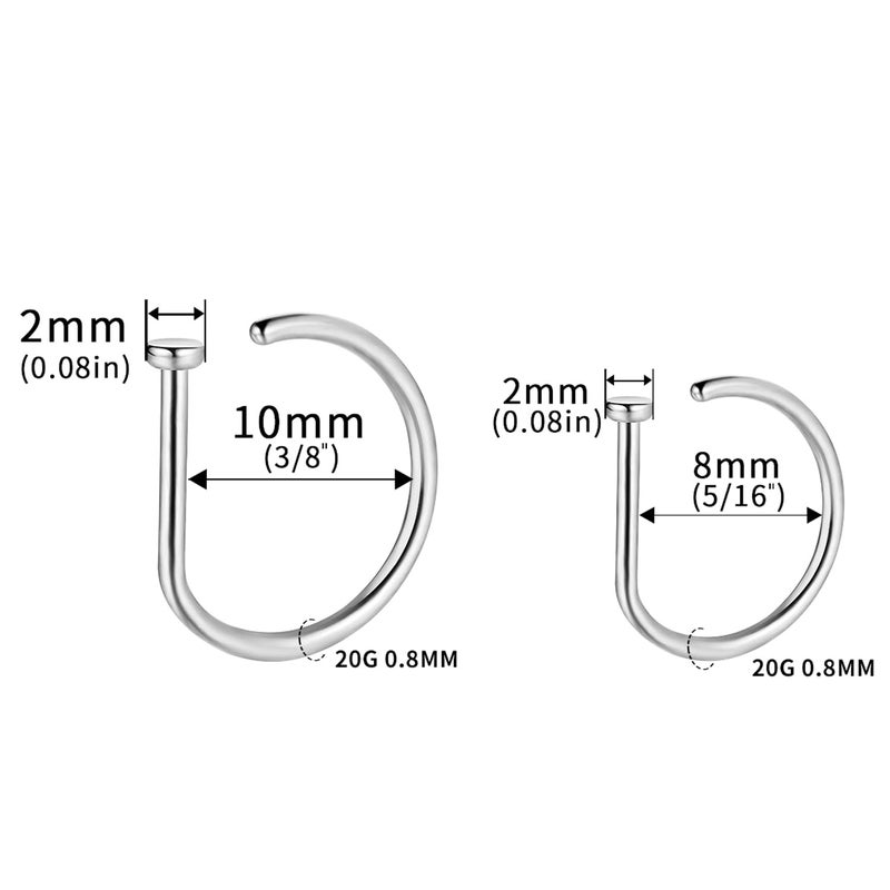 VOJO G23 Titanium 20G Nose Rings Hoops L Shaped Screw Nose Studs Diamond Small Piercing Jewelry for Women Men (D Nose Hoop Silver,20G 8mm+10mm) - Image 5