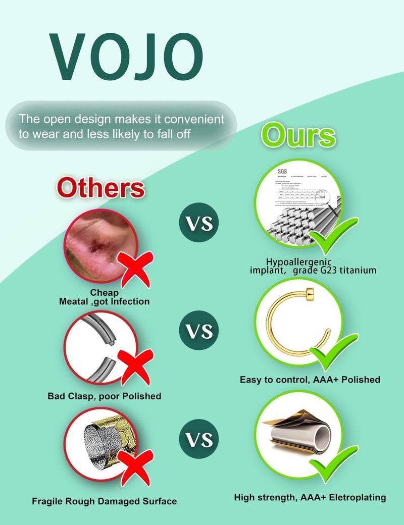 VOJO G23 Titanium 20G Nose Rings Hoops L Shaped Screw Nose Studs Diamond Small Piercing Jewelry for Women Men (D Nose Hoop Silver,20G 8mm+10mm) - Image 4