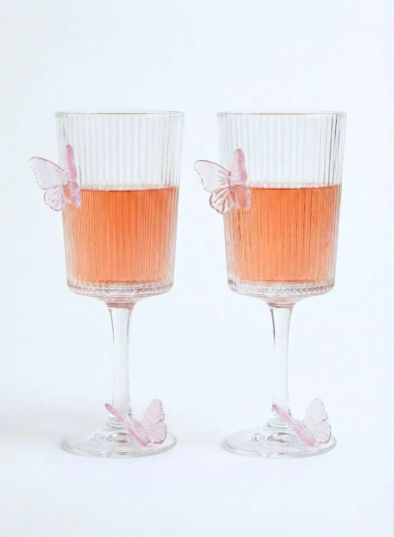 1Chase  Ribbed Glass with Butterfly Design, 250ML Decorative Stemmed Drinking Glasses Set of 2, Elegant Wine, Cocktail Glasses for Parties, Gifting & Home Décor  | Best Price UAE