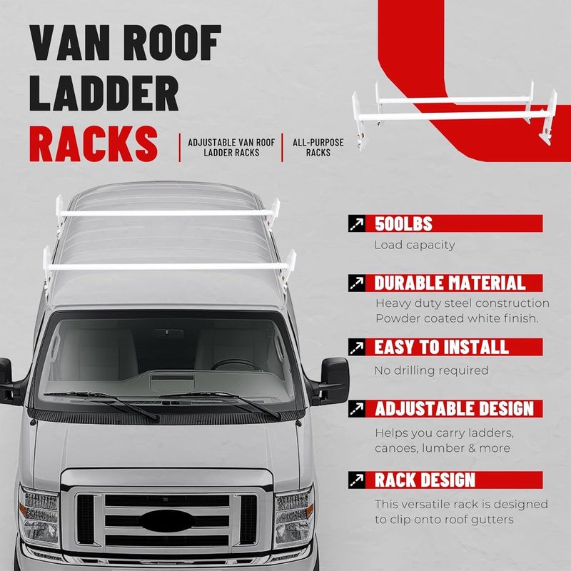 ECOTRIC Van Roof Ladder Rack 47"- 77" Adjustable Roof Rack 500LBS Capacity Compatible with Chevy Dodge Ford GMC Express - Image 3