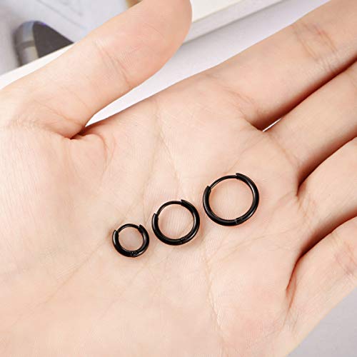 Vishoca Surgical Stainless Steel Thin Hoop Earrings 6mm/8mm/10mm Small Huggie Hoop Earrings for Women and Men (G: Black (Diameter 6mm/8mm/10mm),3 Pairs) - Image 3