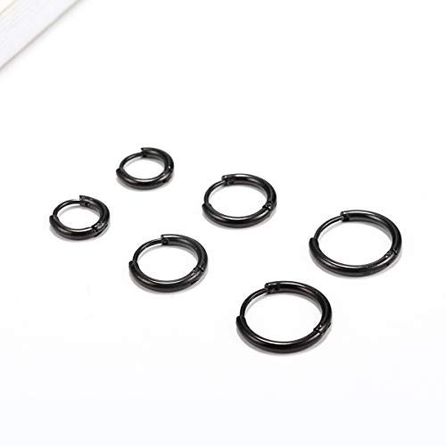Vishoca Surgical Stainless Steel Thin Hoop Earrings 6mm/8mm/10mm Small Huggie Hoop Earrings for Women and Men (G: Black (Diameter 6mm/8mm/10mm),3 Pairs) - Image 2