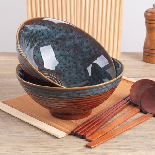 Tacuhy 40oz Japanese Ceramic Ramen Bowl Set of 2 with Chopsticks and Spoons for Pho Udon Asian Soup Noodles (Peacock Tail) - Image 5