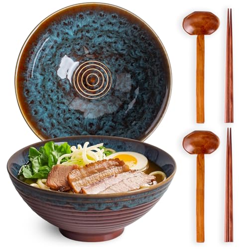 Tacuhy 40oz Japanese Ceramic Ramen Bowl Set of 2 with Chopsticks and Spoons for Pho Udon Asian Soup Noodles (Peacock Tail) - Image 1