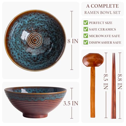 Tacuhy 40oz Japanese Ceramic Ramen Bowl Set of 2 with Chopsticks and Spoons for Pho Udon Asian Soup Noodles (Peacock Tail) - Image 2