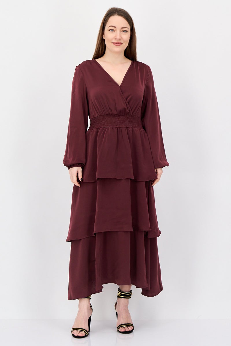 bebe Women Solid Layered Maxi Dress, Maroon - Image 1
