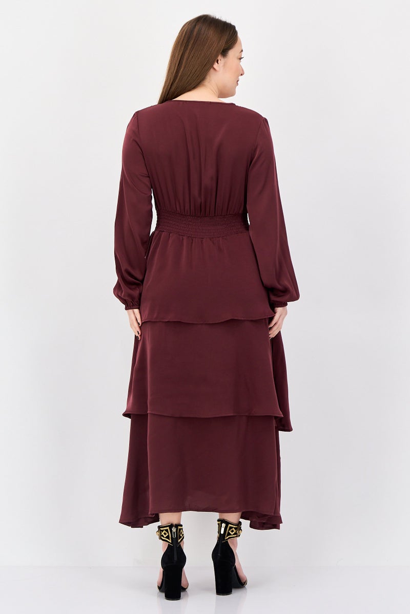 bebe Women Solid Layered Maxi Dress, Maroon - Image 3