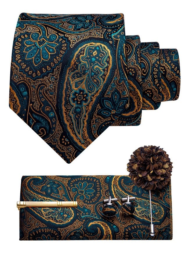 YourTies Teal Gold Tie for Men Silk Paisley Necktie Pocket Square Cufflinks Tie Clip Lapel Pin Set Wedding Business - Image 2