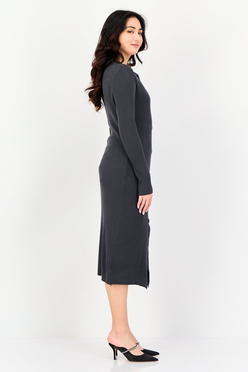Threadbare Women Ribbed Long Sleeve Midi Dress, Charcoal - Image 3