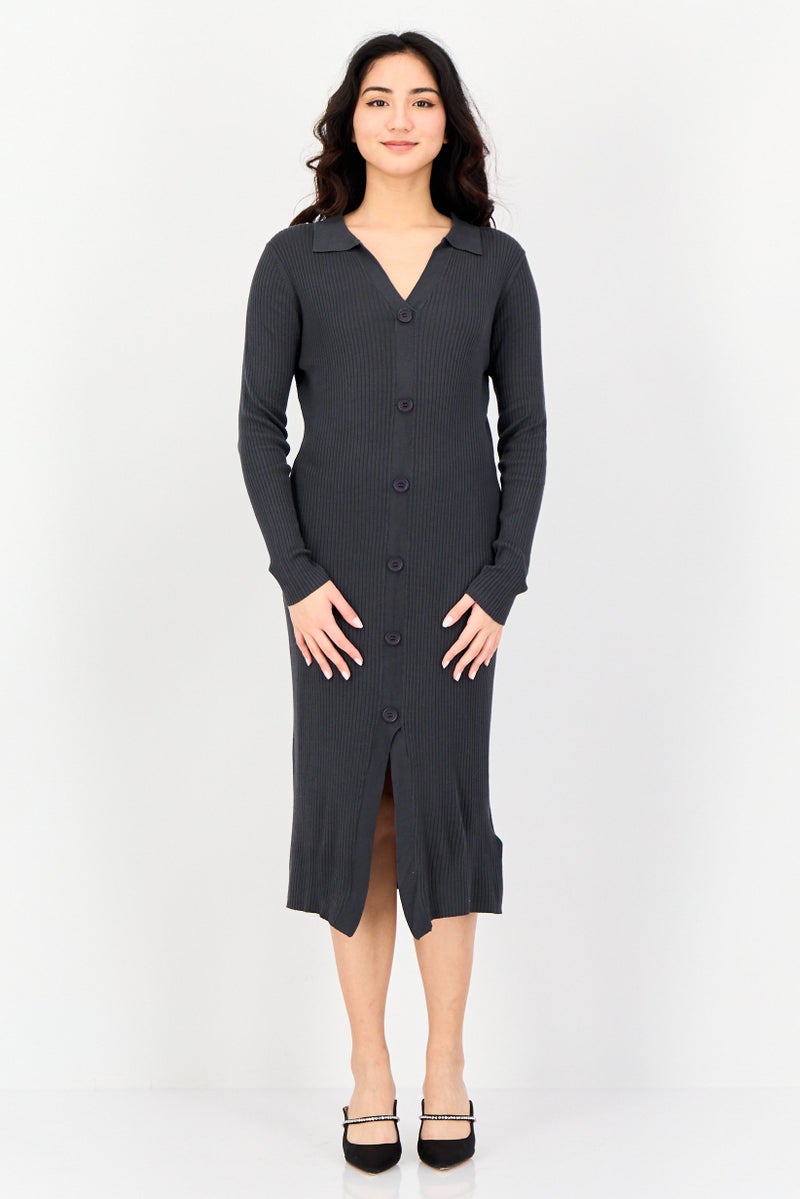 Threadbare Women Ribbed Long Sleeve Midi Dress, Charcoal - Image 1