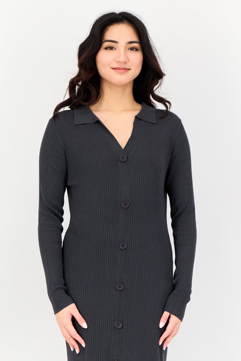 Threadbare Women Ribbed Long Sleeve Midi Dress, Charcoal - Image 2