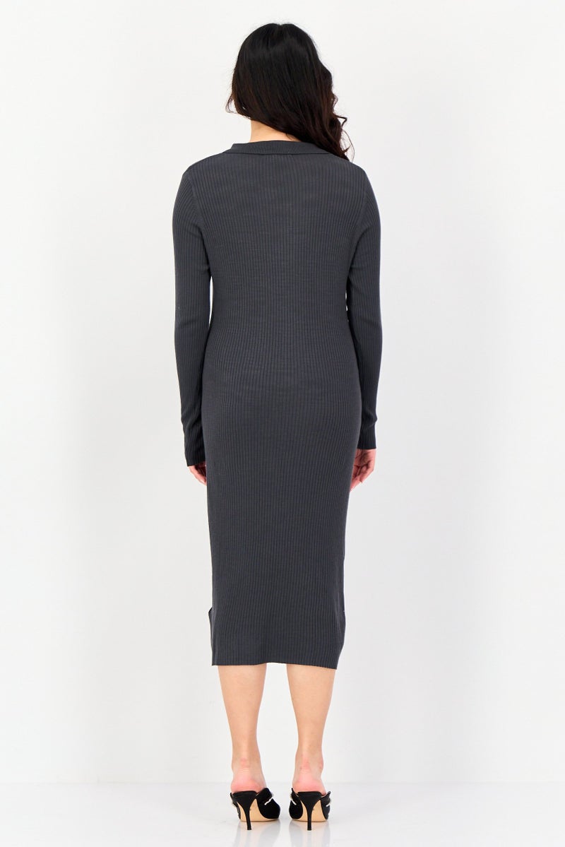 Threadbare Women Ribbed Long Sleeve Midi Dress, Charcoal - Image 4