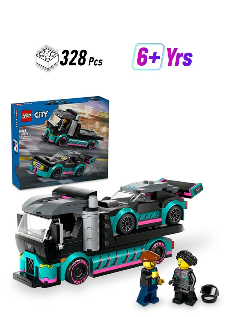 LEGO 60406 City Race Car And Car Carrier Truck Toy Playset, Vehicle And Transporter With Adjustable Loading Ramp, Racer And Driver Minifigures, Fun Gift For Kids Aged 6 And Over (328 Pieces)  - Image 1