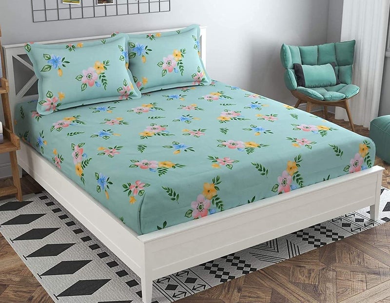 KAWI Single Bedsheet Elastic Fitted Glace Cotton with 1 Pillow Cover (72"X 48"X 6" Size) Mattress Green, Neem Patti Print - Image 1