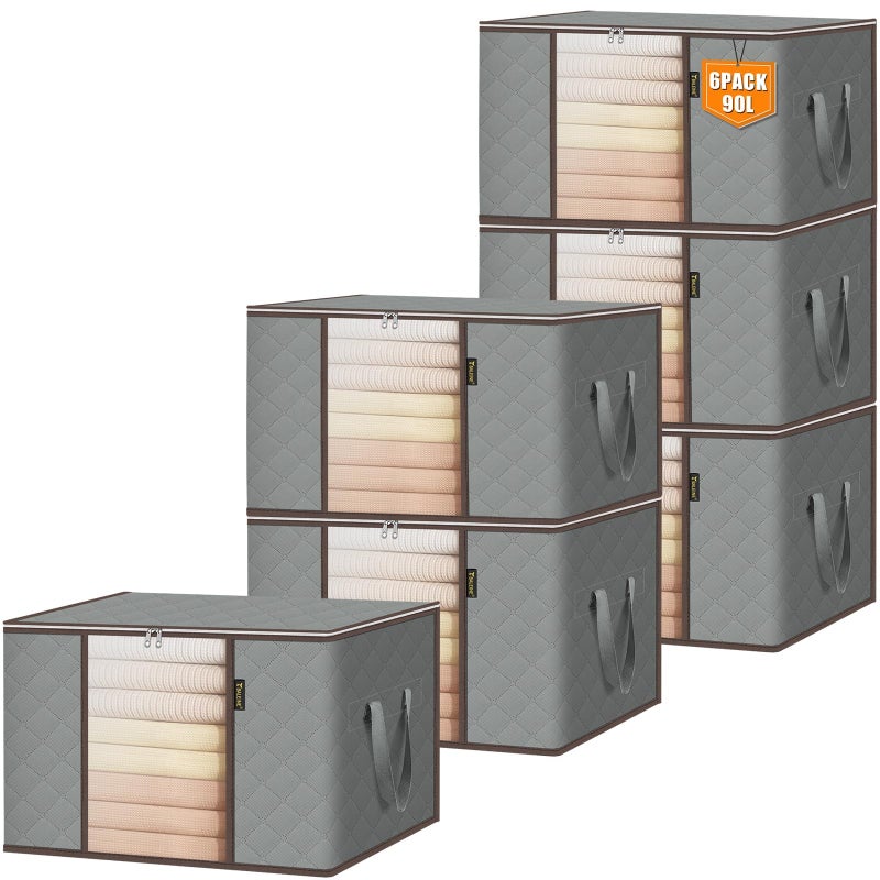 BALEINE 6 Pack Clothes Storage Bags, 24 Gallon Storage Containers with Reinforced Handle, Sturdy Zipper, Closet Organizer for Blanket, Comforter, Pillow, Bedding (Grey, 6 Pack) - Image 1