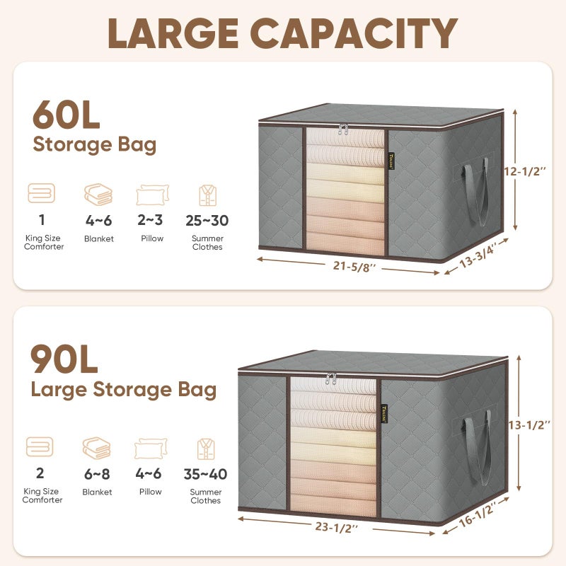 BALEINE 6 Pack Clothes Storage Bags, 24 Gallon Storage Containers with Reinforced Handle, Sturdy Zipper, Closet Organizer for Blanket, Comforter, Pillow, Bedding (Grey, 6 Pack) - Image 5