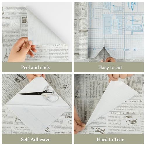 TANONE Beige Newspaper Wallpaper 17.7" x 78.8"Self Adhesive Vintage Black Locker Contact Paper Peel and Stick Wallpaper for Countertops Cabinets Decorative Furniture, 17.7 x 25 Centimeters - Image 5