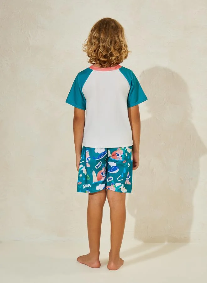 Styli Cartoon Print T-Shirt, Cap & Shorts Swim Set
