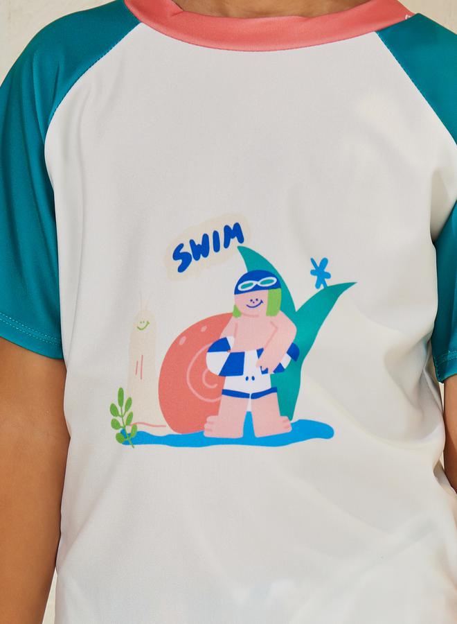Styli Cartoon Print T-Shirt, Cap & Shorts Swim Set  - Image 3