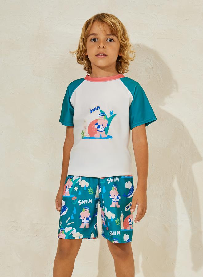Styli Cartoon Print T-Shirt, Cap & Shorts Swim Set  - Image 2