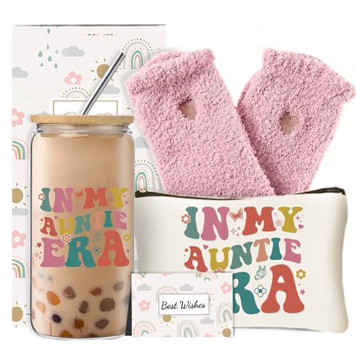 DHQH Unique Gifts from Niece Nephew, Aunt Gifts for Women, Birthday Mother’s Day Thank You Presents Set with Glass Cup Makeup Bag for Auntie New Aunt - Image 1