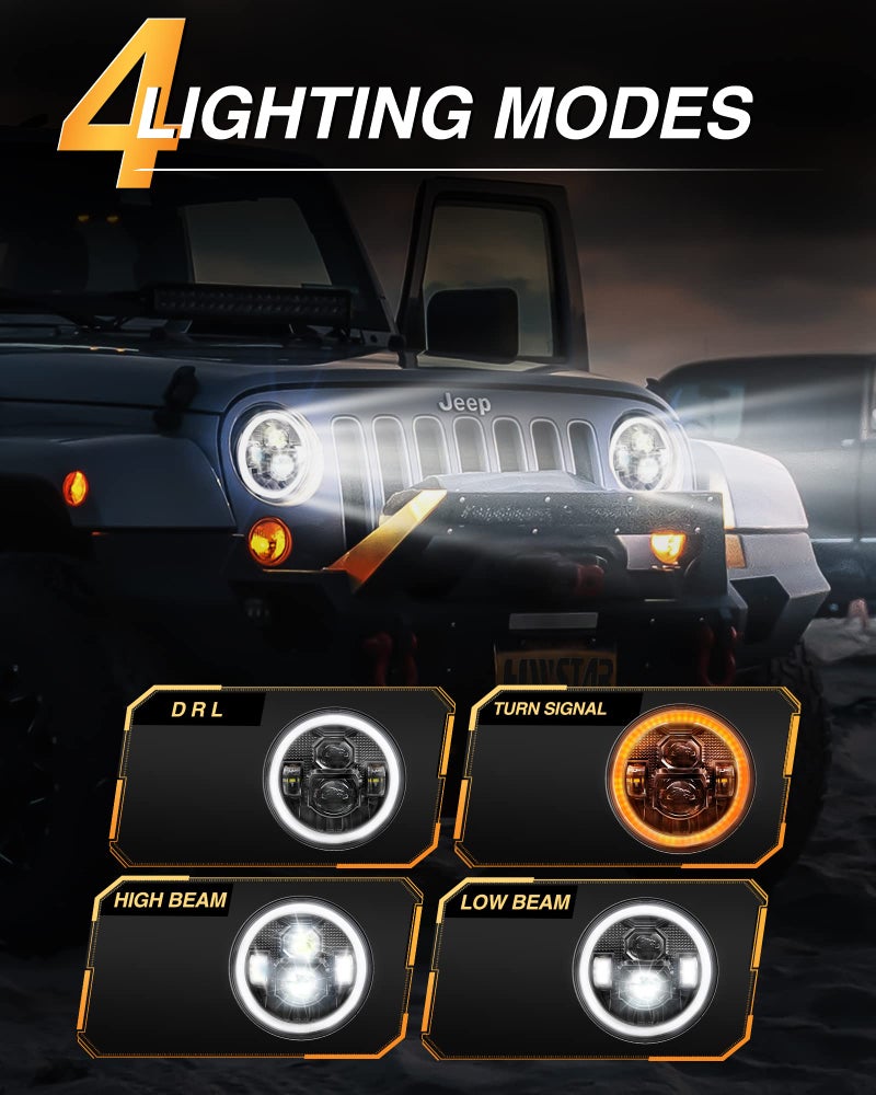 HWSTAR Pair New 1000% Bright Anti-glare 7 Inch Halo Led Headlights Round Compatible with Jeep Wrangler JK JKU TJ LJ Chevy Ford GMC Dodge Mazda VW Mack etc DOT w/DRL Turn Signal H6024 Hi/Low Seale Beam - Image 5