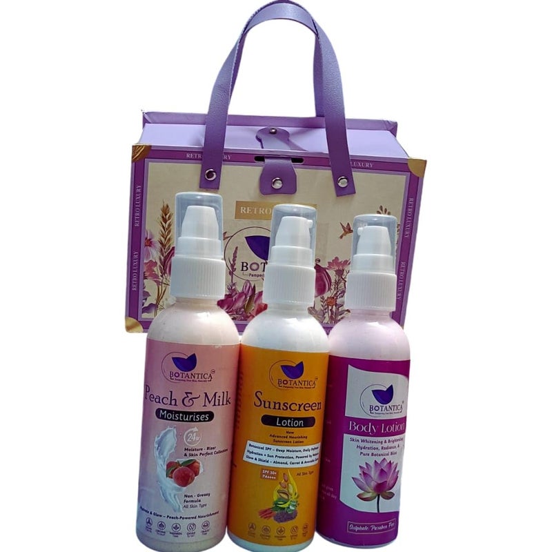 BOTANTICA Luxury face & Body Care Gift Set | Skin Care Hamper for Women & Men | Pack of 3 peach moisture sunscream Lotion, lotus extract body lostion| Gifting For Birthday, Valentine's & Anniversary - Image 3