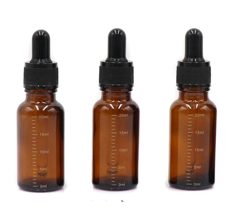 3 Pcs 20ml 0.67oz Empty Refillable Amber Glass Graduated Dropper Bottle Essential Oil Cosmetics Elite Fluid Container Jar Pot Holder with Glass Pipette Dropper