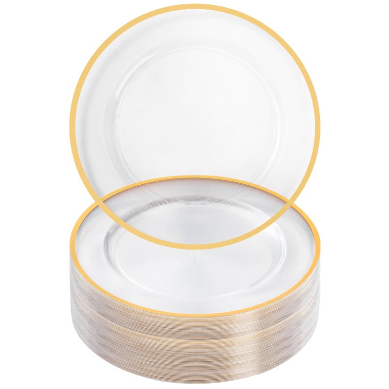 Goodluck 12 Inch Charger Plates 50 Pack Clear Charger Plates with Gold Trim Plastic Charger Plate Bulk for Dinner Wedding Party Event Decoration ClearGold