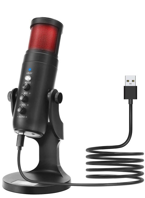 RGB USB Condenser Podcast Microphone, Suitable for PC/MAC/Ps4/iPhone/iPad/Android with Mute Button and Monitor Headphone Jack, Cardioid Mode, Great for Games, Streaming,YouTube, Music Recording