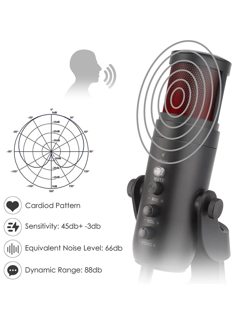 RGB USB Condenser Podcast Microphone, Suitable for PC/MAC/Ps4/iPhone/iPad/Android with Mute Button and Monitor Headphone Jack, Cardioid Mode, Great for Games, Streaming,YouTube, Music Recording
