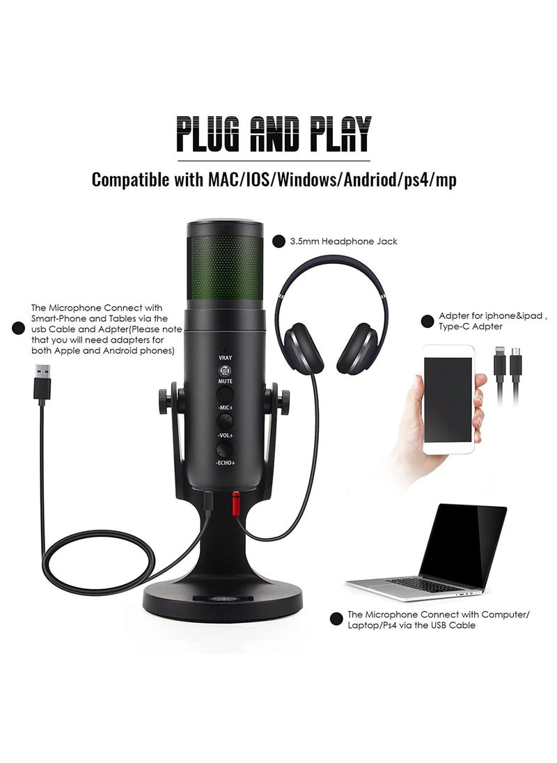 RGB USB Condenser Podcast Microphone, Suitable for PC/MAC/Ps4/iPhone/iPad/Android with Mute Button and Monitor Headphone Jack, Cardioid Mode, Great for Games, Streaming,YouTube, Music Recording