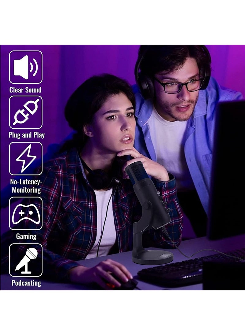 RGB USB Condenser Podcast Microphone, Suitable for PC/MAC/Ps4/iPhone/iPad/Android with Mute Button and Monitor Headphone Jack, Cardioid Mode, Great for Games, Streaming,YouTube, Music Recording