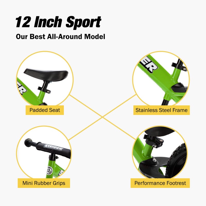 STRIDER دراجة سباق سترادر 12 بوصة، خضراء - دراجة توازن بدون دواسات للأطفال من 1 إلى 4 سنوات - تشمل وسادة أمان، مقعد مبطن، مقابض صغيرة وإطارات غير قابلة للثقب - تجميع وتعديلات بدون أدوات - Image 3