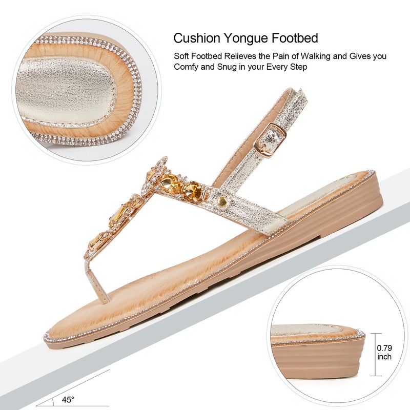 iCKER Women Rhinestone Sandals T-Strap Buckle Pearl Crystal Flat Sandals-PD21-Gold-8 - Image 3