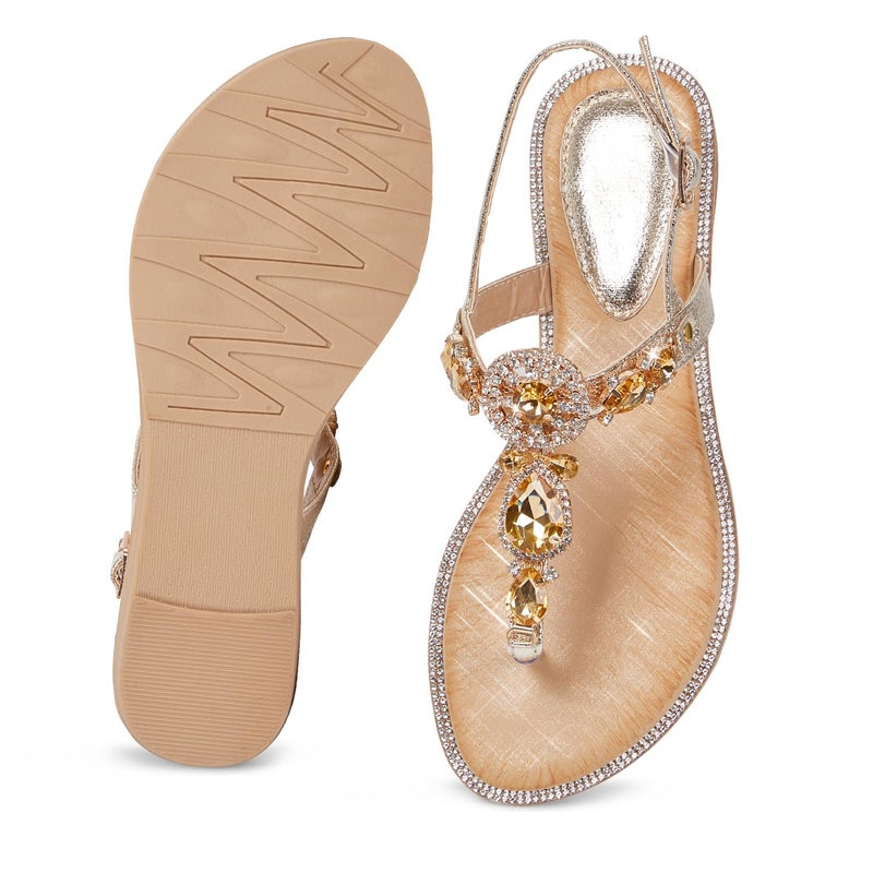 iCKER Women Rhinestone Sandals T-Strap Buckle Pearl Crystal Flat Sandals-PD21-Gold-8 - Image 5