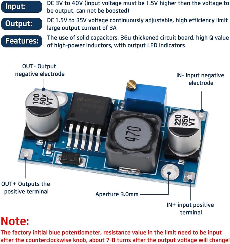 tinshow Adjustable Buck Converter DC to DC Voltage Regulator, 5 Pack High Efficiency Power Supply Module Step Down Power Module 3.0V-40V Input to 1.5V-35V Output, 3A Max Current for DIY Electronic Projects - Image 4