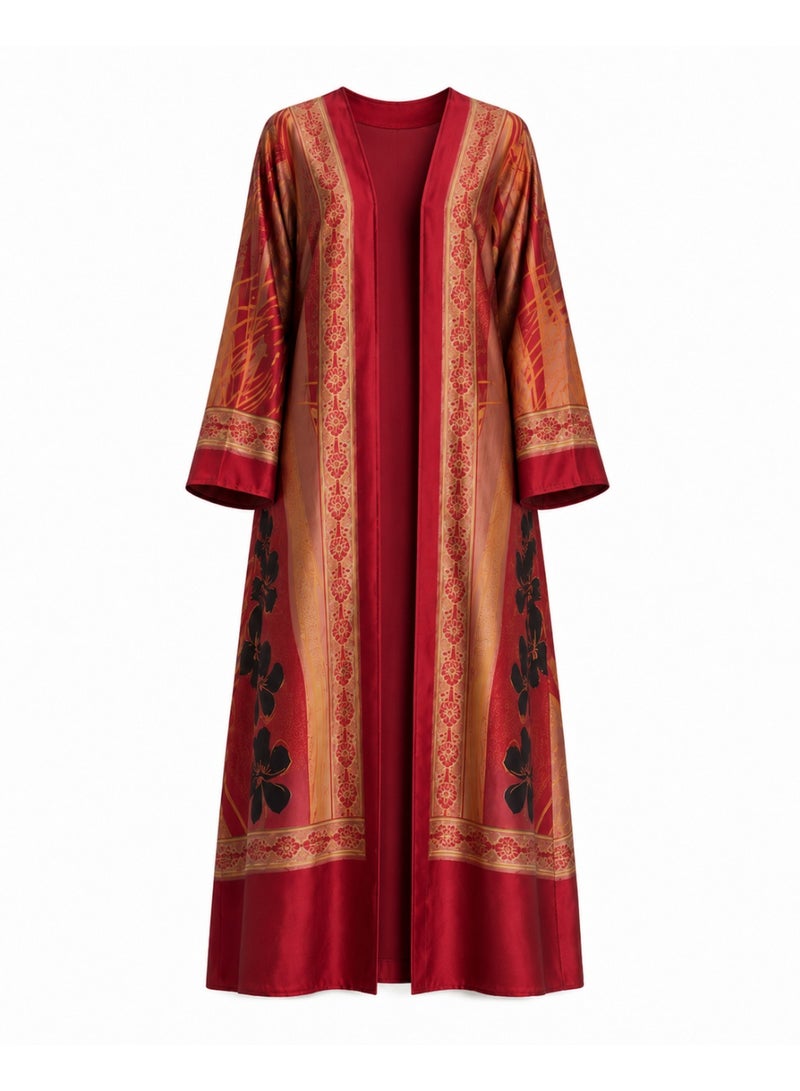 Amnad International Luxury Printed Silk-Look Abaya with Matching Hijab for Women – Ornamental Border Print Maxi Kaftan, Sizes 52-60 inches - Image 1