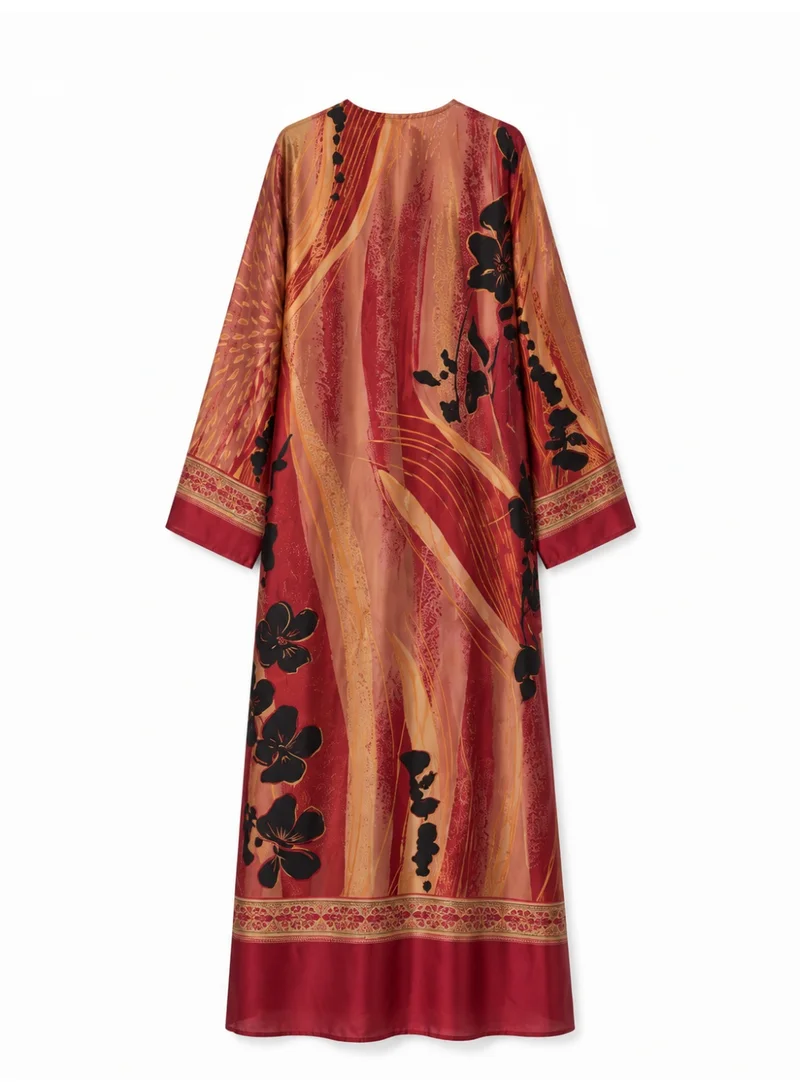 Amnad International Luxury Printed Silk-Look Abaya with Matching Hijab for Women – Ornamental Border Print Maxi Kaftan, Sizes 52-60 inches