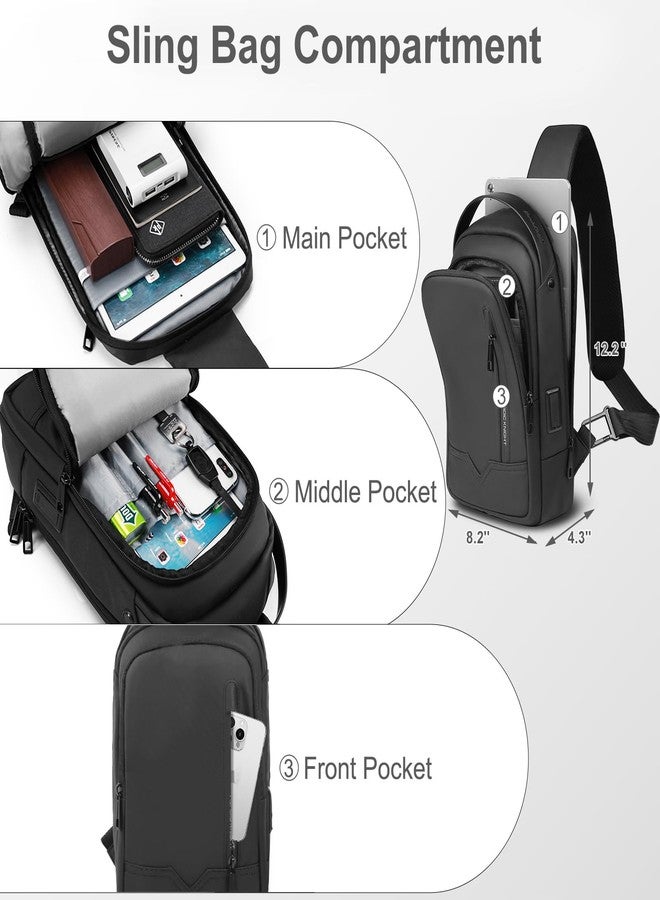 HK Sling Bag for Men Women Chest Bag Should Bags for 11.3 Inch iPad with USB Charging Port Water-Resistant Crossbody Sling Backpack LightWeight Anti-Theft Casual Daypack for Travel Sports Hiking-Black - Image 4