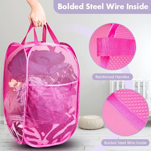 DUCOO Pop Up Hamper, 1 PCS Mesh Pop Up Laundry Hamper, Foldable Mesh Laundry Basket with Space-Saving Design for Home, Dorm, Travel & Storage - Pink - Image 3