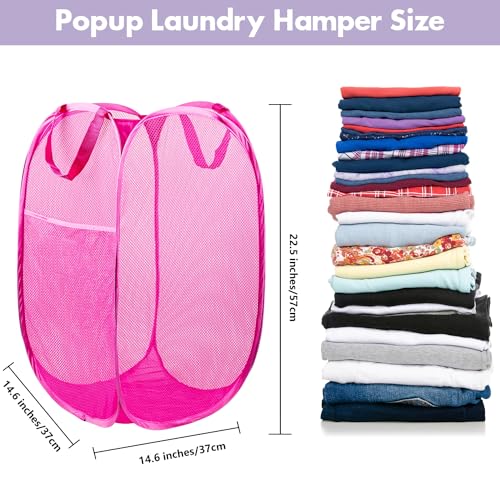 DUCOO Pop Up Hamper, 1 PCS Mesh Pop Up Laundry Hamper, Foldable Mesh Laundry Basket with Space-Saving Design for Home, Dorm, Travel & Storage - Pink - Image 2