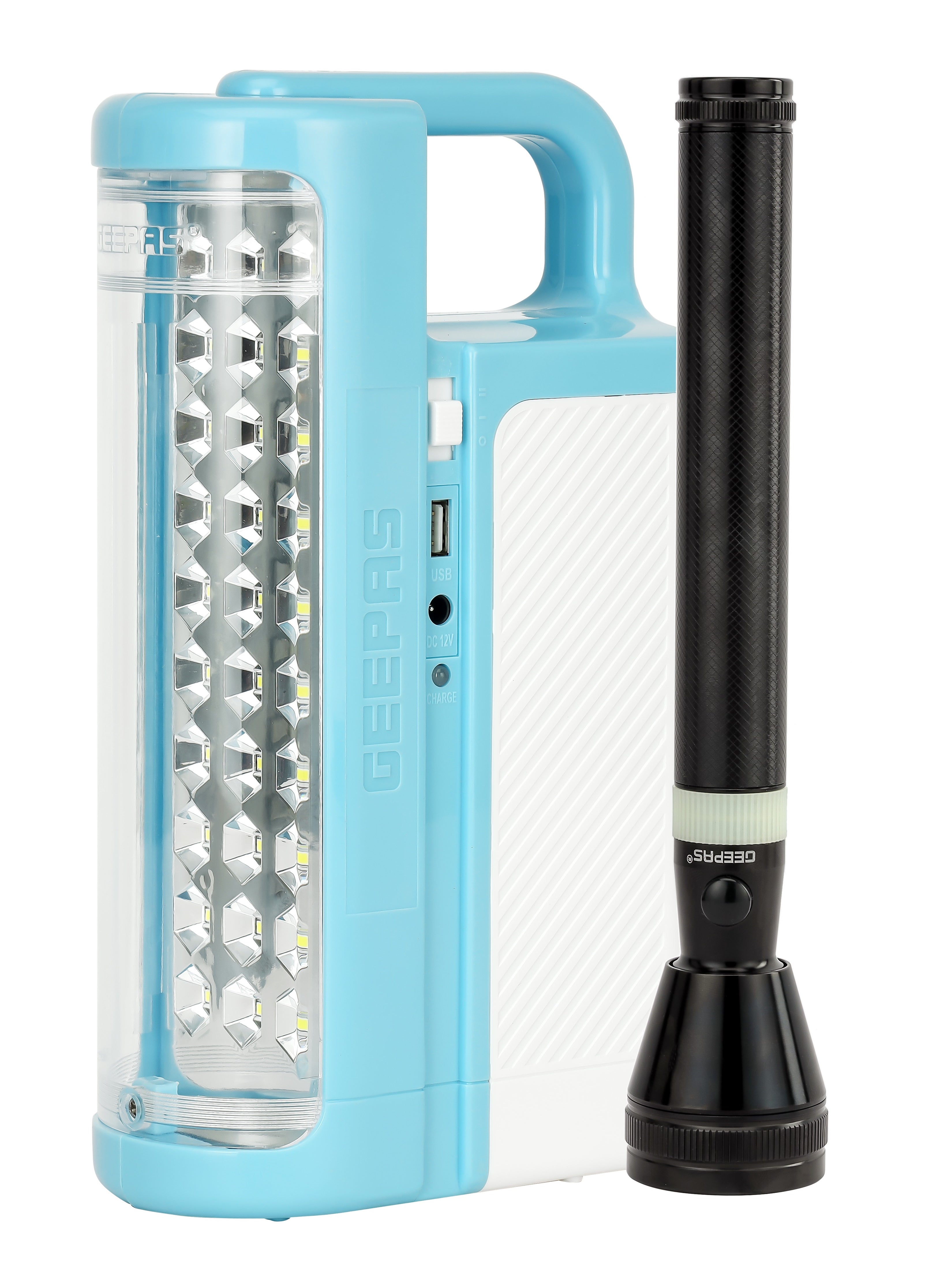 GEEPAS Rechargeable LED Lantern and Flashlight Portable and Lightweight 2-in-1 Combo Light| Energy Efficient Design and Extended Battery Light with USB Mobile Charging| Aluminum Housing with Unbreakable PC Glass, Ni-Cd Battery and Lead-Acid Battery Operated 