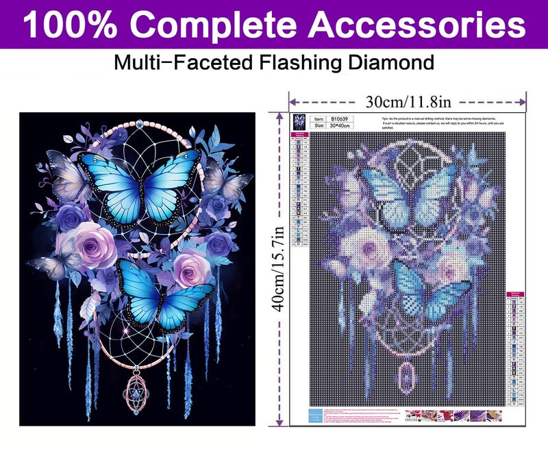 croshom Dream Catcher 5D Diamond Art Kits, Butterfly Diamond Painting Kits for Adults Beginners, DIY Full Round Drill Paint by Diamond Gem Art, Home Wall Decor 12 x 16 Inch - Image 2
