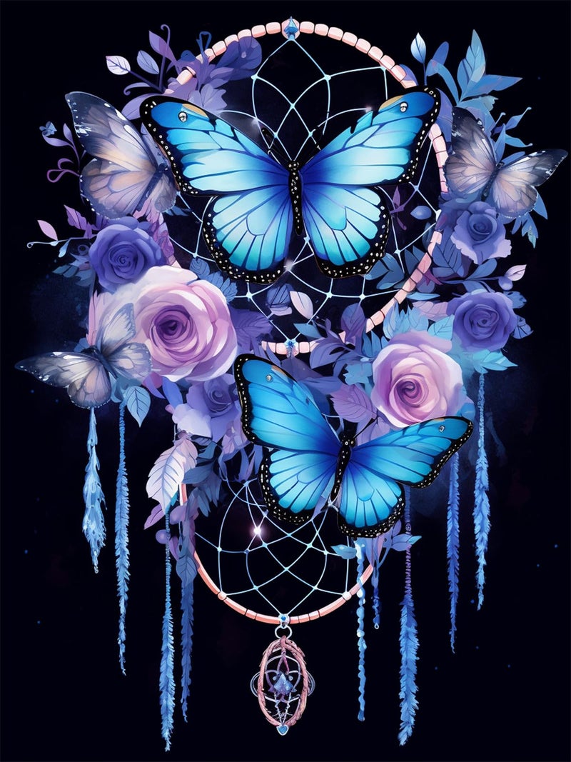 croshom Dream Catcher 5D Diamond Art Kits, Butterfly Diamond Painting Kits for Adults Beginners, DIY Full Round Drill Paint by Diamond Gem Art, Home Wall Decor 12 x 16 Inch - Image 1