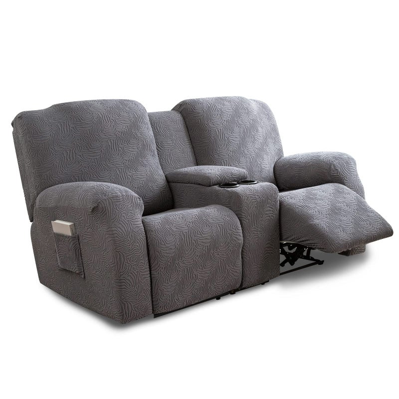 YUEANG Recliner Loveseat Cover with Center Console 2 Seater Leopard Recliner Sofa Slipcover with Pockets Washable Stretch Reclining Couch Covers Furniture Protector with Elastic Straps Dark Gray
