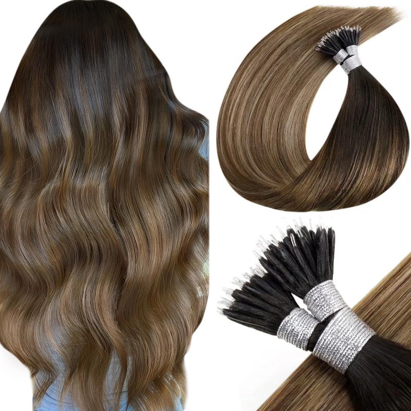 LaaVoo Nano Bead Hair Extensions Brown Nano Tip Hair Extensions Real Human Hair Darkest Brown to Medium Brown and Ash Brown 50s 50g 18in - Image 3